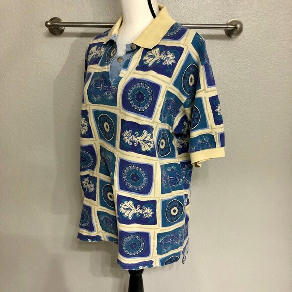 Cute Oversized 90s 2-Button Teal and Blue Pattern Golf Shirt - Size S (Fits XL) - Picture 6 of 10